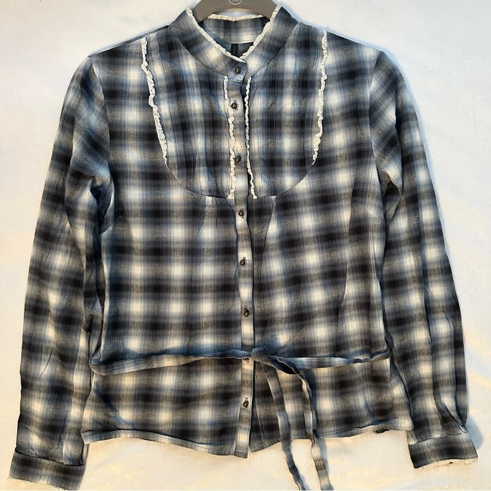 Naf Naf France Plaid Button Up Blouse Women’s L long sleeve tie waist belt